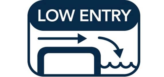 A blue and white sign with arrows pointing to the bottom of a flow entry.