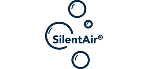 A blue and white logo of the company silentair.