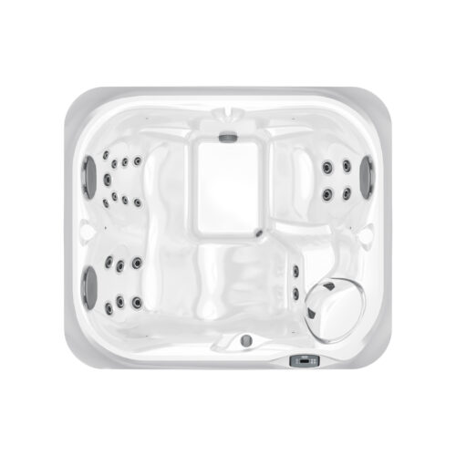 A white spa with two people in it.