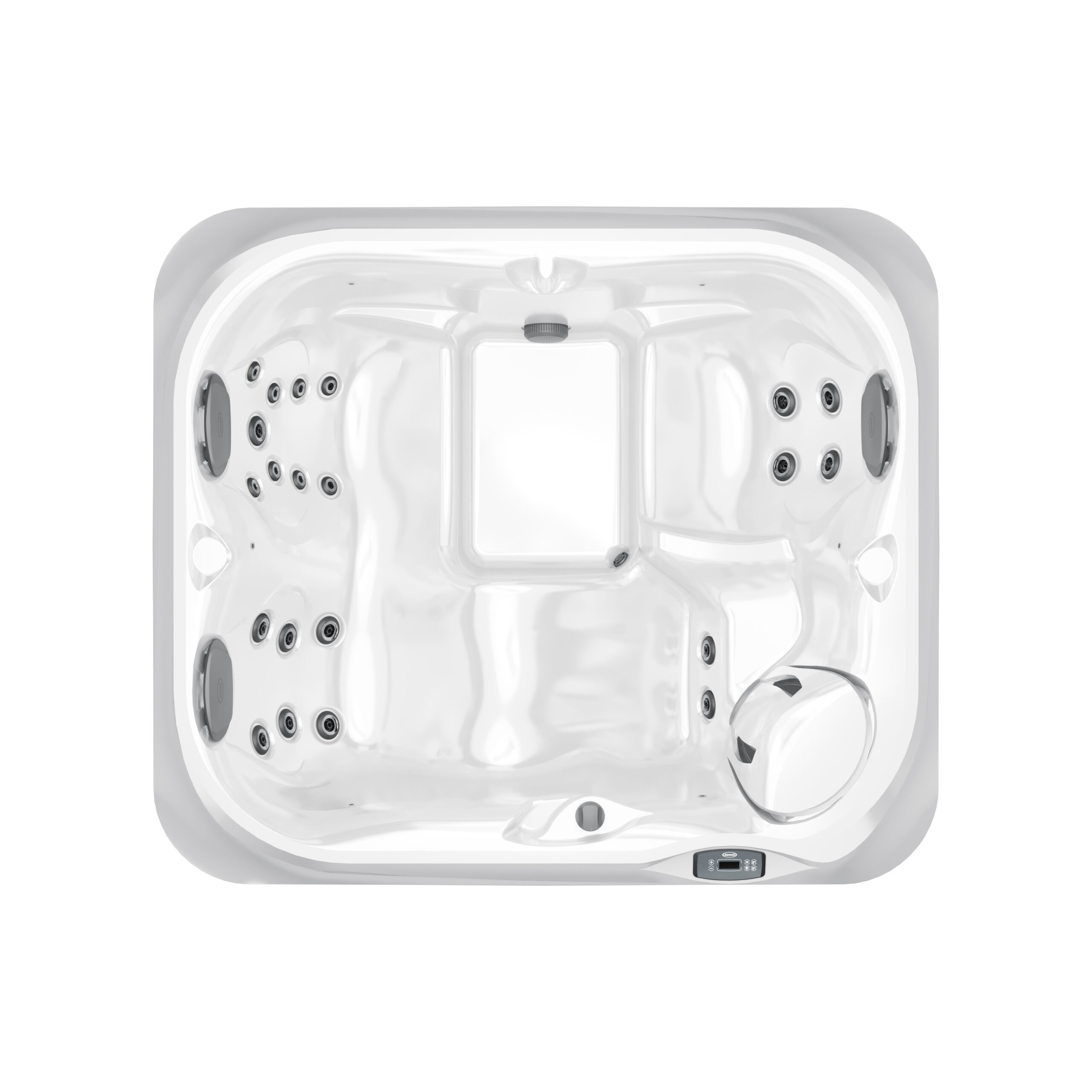 A white spa with two people in it.