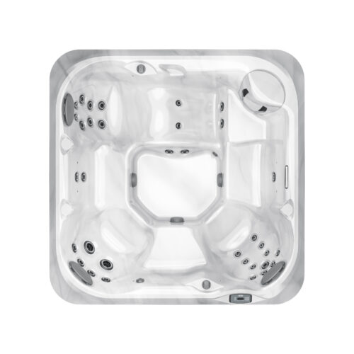 A white spa with black accents and a few knobs.