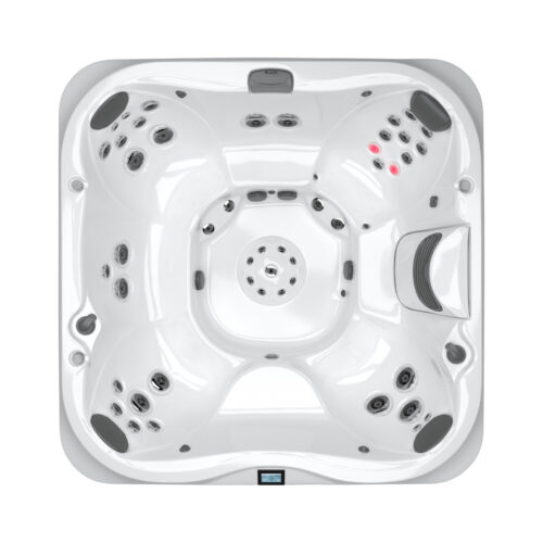 A top view of the spa with black and white accents.