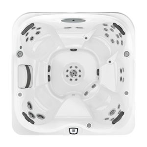 A white spa with black accents and a large center section.