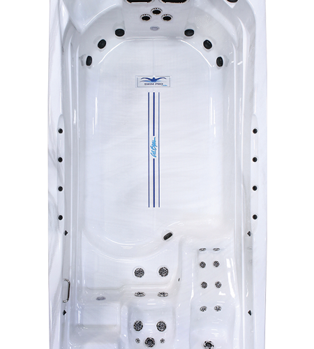 A white tub with black trim and a blue handle.