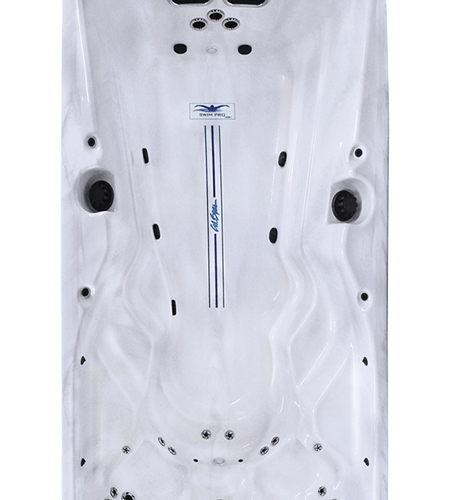 A white hot tub with black jets and a blue thermometer.