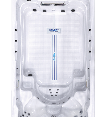 A white and blue jet tub with jets.