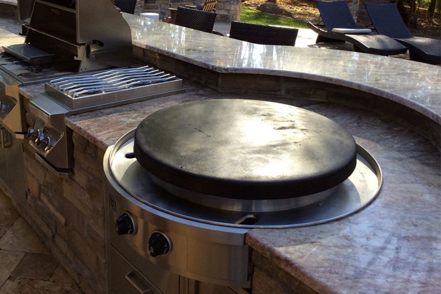 A grill on top of a counter with a black pan.