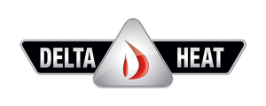 A white triangle with a red flame inside of it.